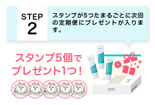 STEP2 スタンプが５つたまるごとに次回の定期便にプレゼントが入ります。